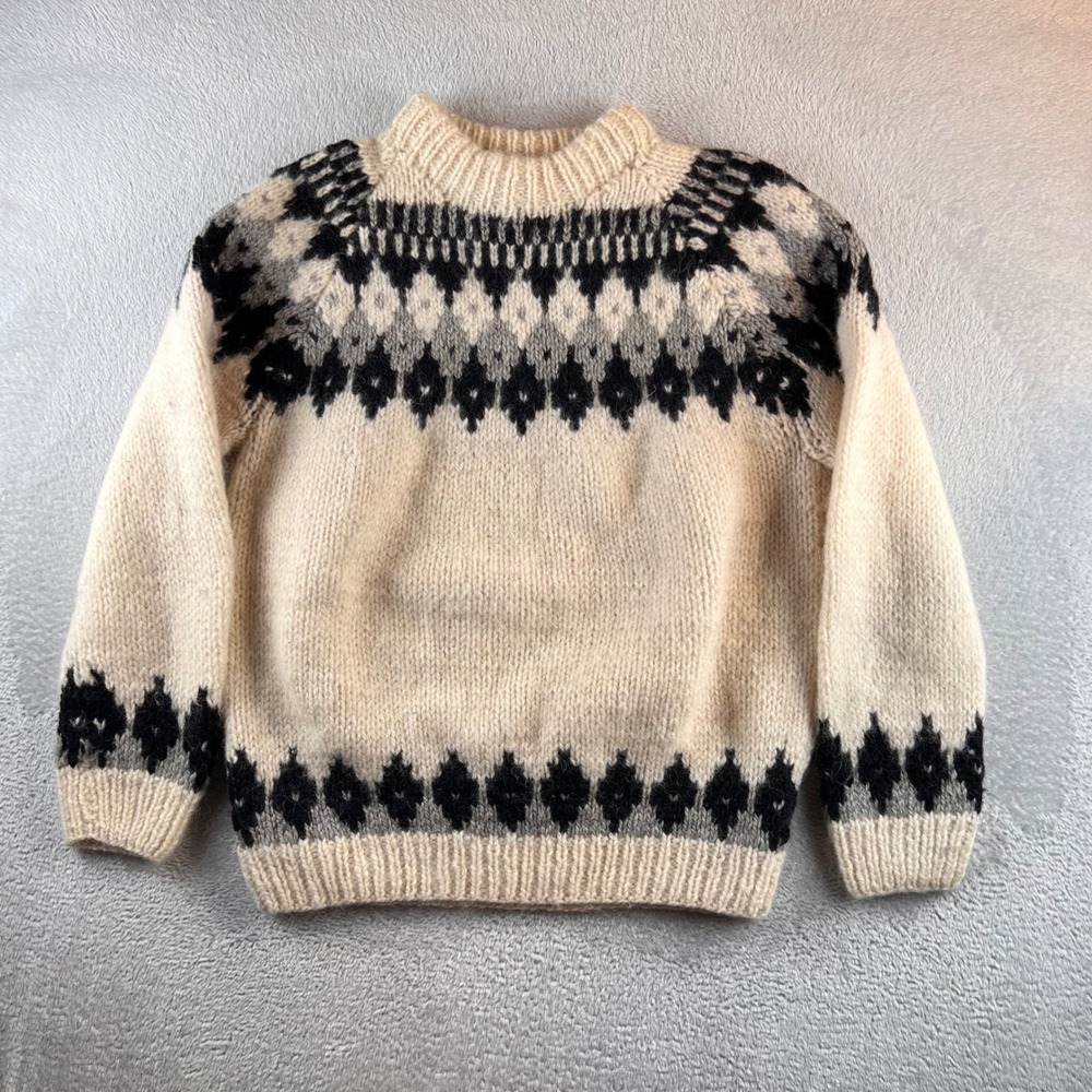 VTG Hand Knit Pure Wool Fair Isle Nordic Sweater Women L Cream Black Grey Chunky